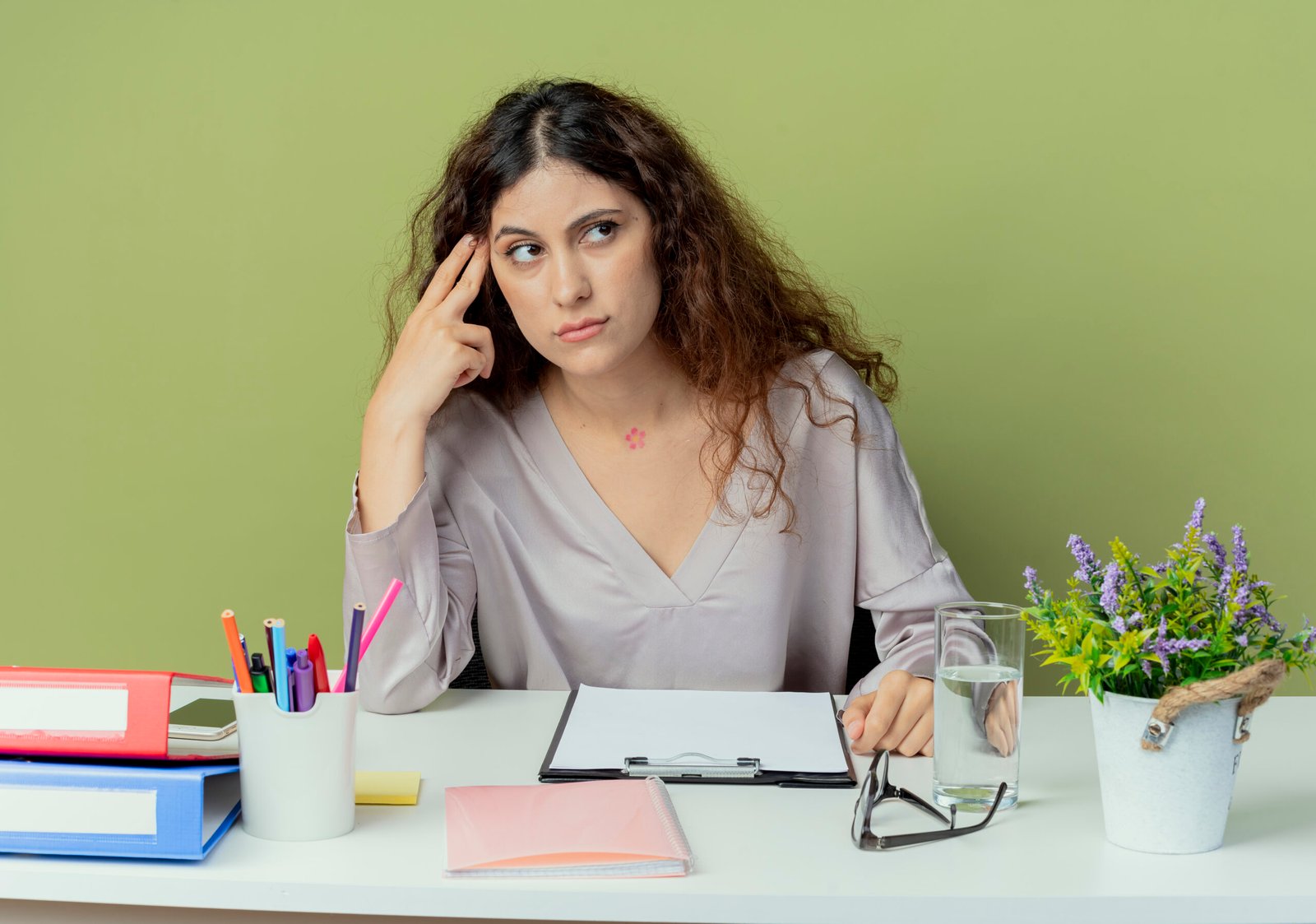 looking at side thinking young pretty female office worker sitting at desk with office tools putting finger on forehead isolated on olive background