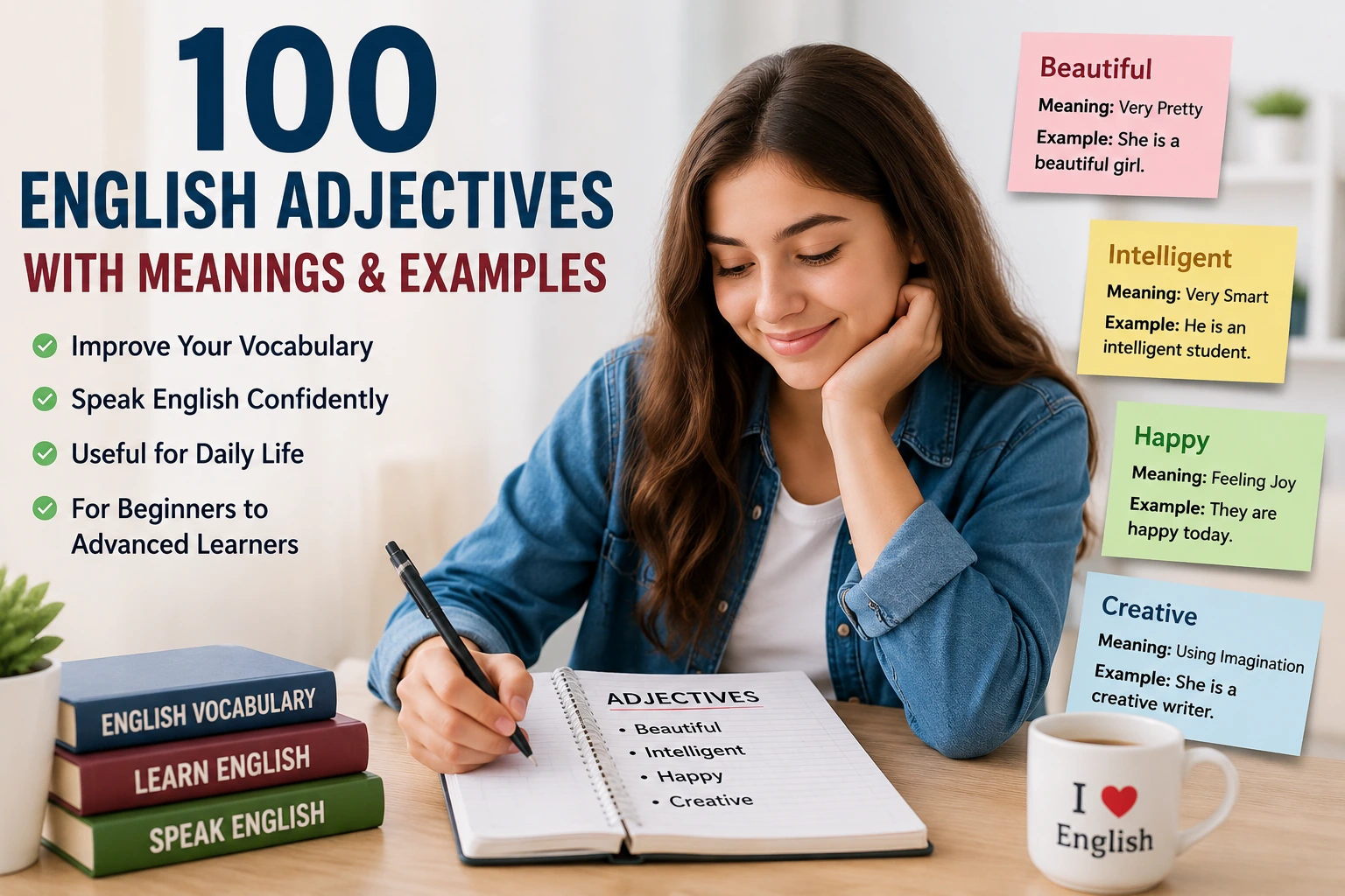 100 english adjectives, english adjectives with examples