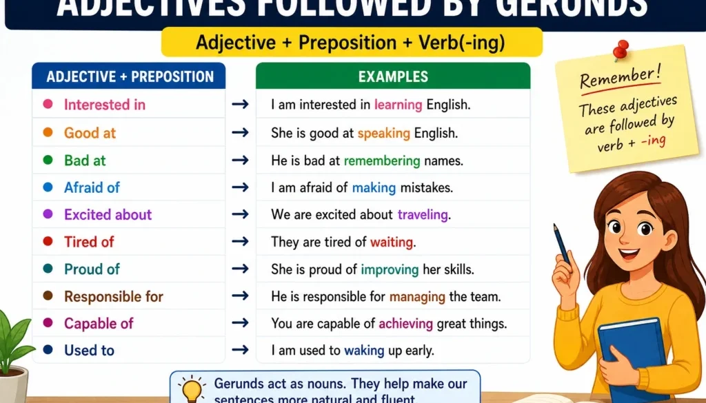 adjectives followed by gerunds, adjectives + ing verbs, gerund English grammar,
