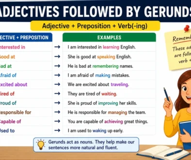 adjectives followed by gerunds, adjectives + ing verbs, gerund English grammar,