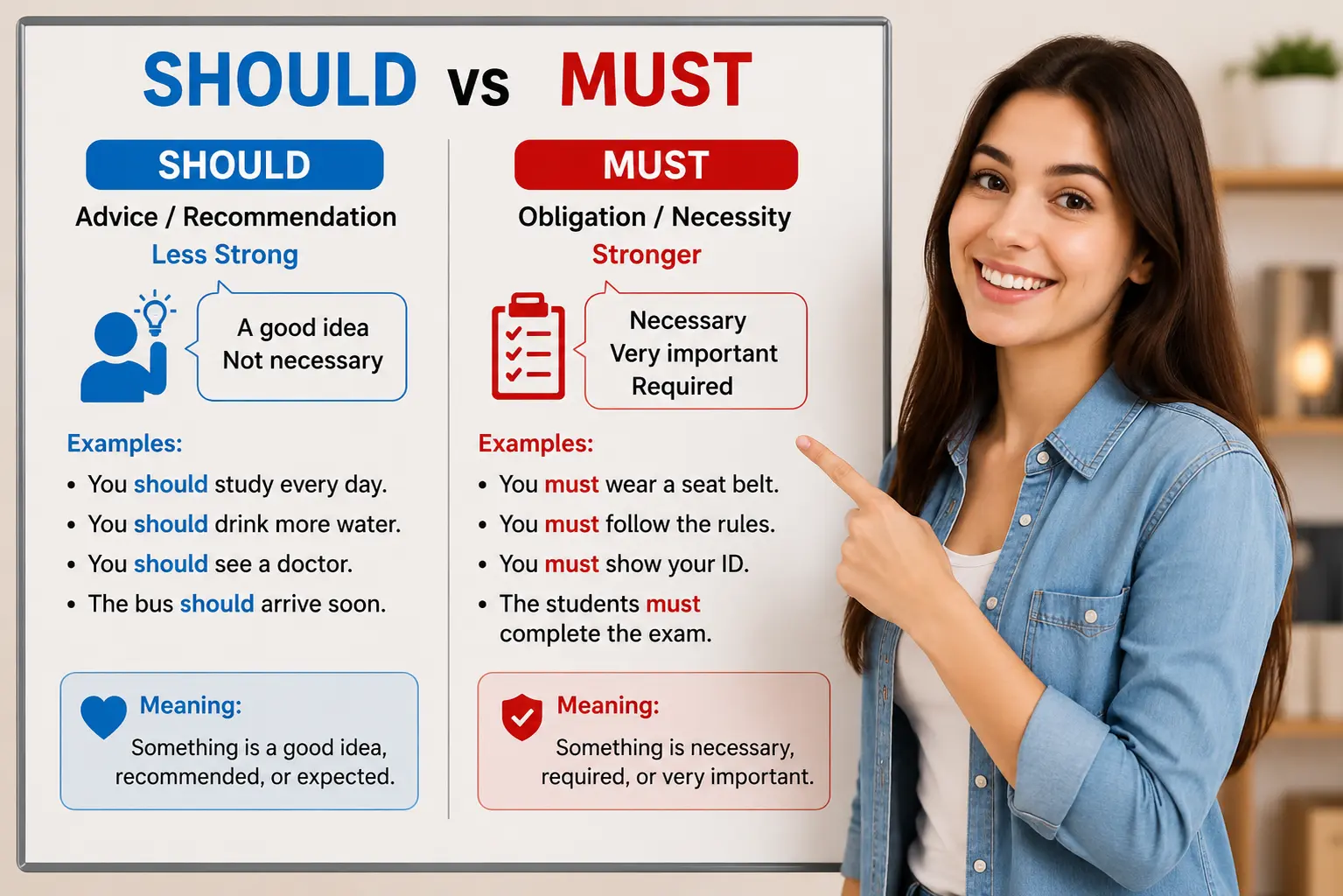 should vs must, should and must,
